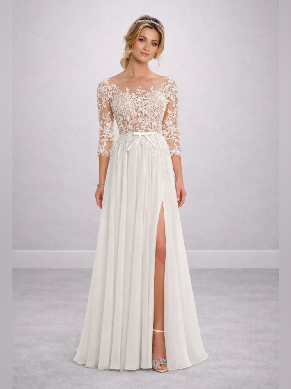 Lace Bodice White Wedding Dress with High Slit is a $1800 at store